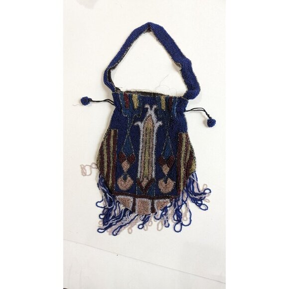 Handmade beaded handbag art deco pouch blue desert cactus 9x7" READ cinch bag